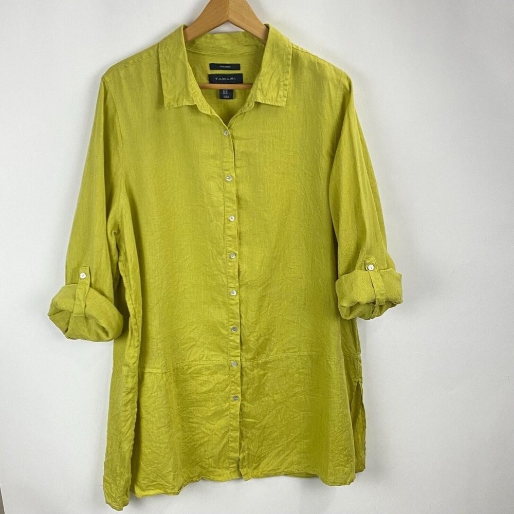 Tahari Green Lime Linen Tunic Top